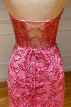 Coral Sweetheart Lace Up Long Mermaid Prom Dresses with Appliques