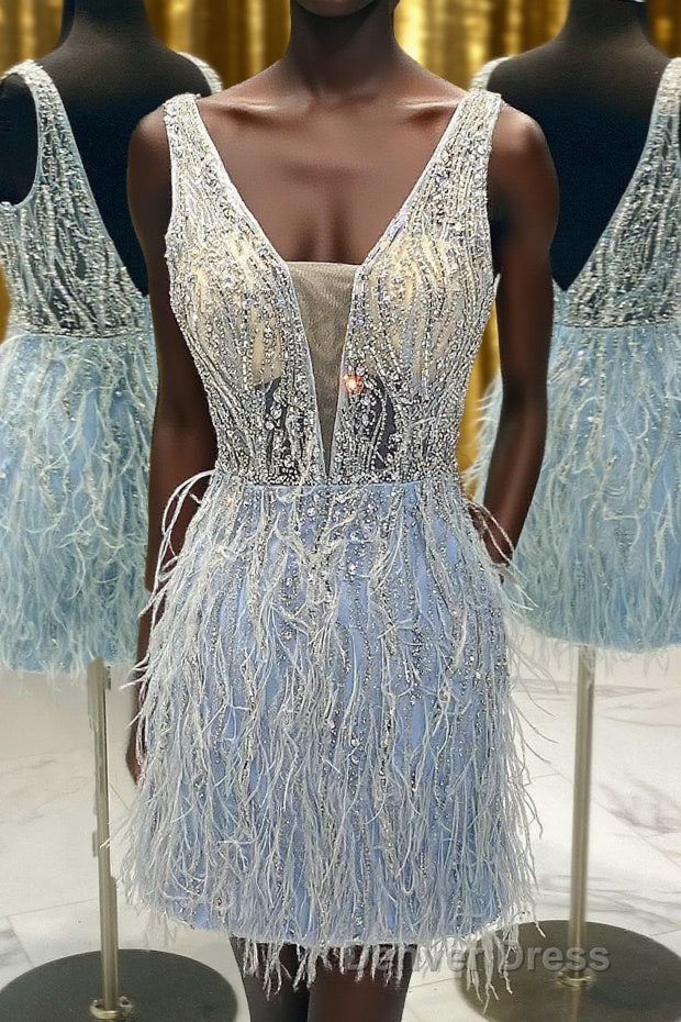Light Blue Beaded Sequins Tight Homecoming Dresses with Feathers