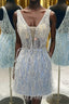 Light Blue Beaded Sequins Tight Homecoming Dresses with Feathers
