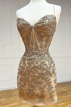 Champagne Spaghetti Straps Tight Short Homecoming Dresses with Appliques