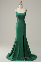Mermaid Spaghettti Straps Dark Green Sequins Long Prom Dresses with Split Front
