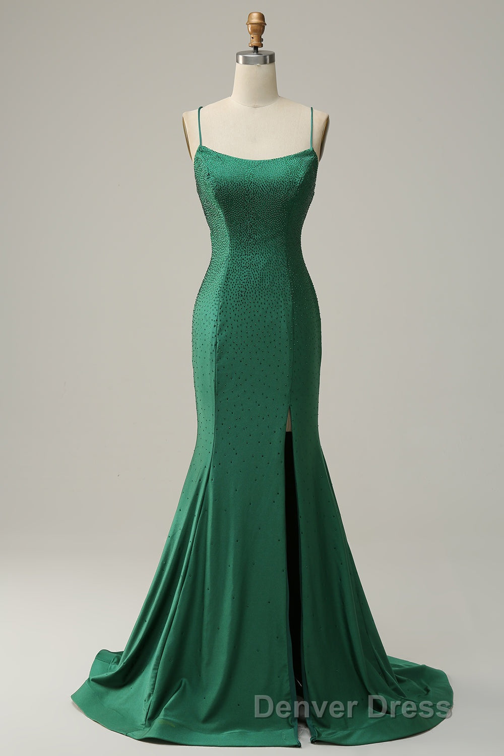 Mermaid Spaghettti Straps Dark Green Sequins Long Prom Dresses with Split Front