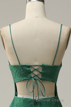 Mermaid Spaghettti Straps Dark Green Sequins Long Prom Dresses with Split Front