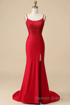 Mermaid Spaghettti Straps Dark Green Sequins Long Prom Dresses with Split Front