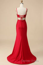 Mermaid Spaghettti Straps Dark Green Sequins Long Prom Dresses with Split Front