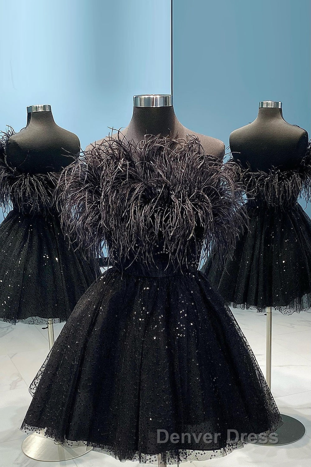 Light Blue A Line Strapless Homecoming Dresses with Feathers