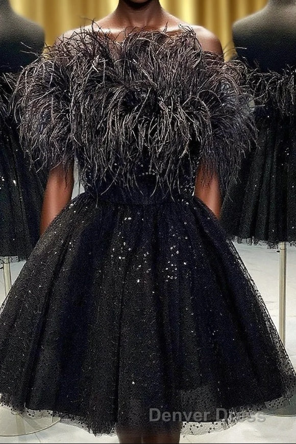 Black A Line Strapless Homecoming Dresses with Feathers