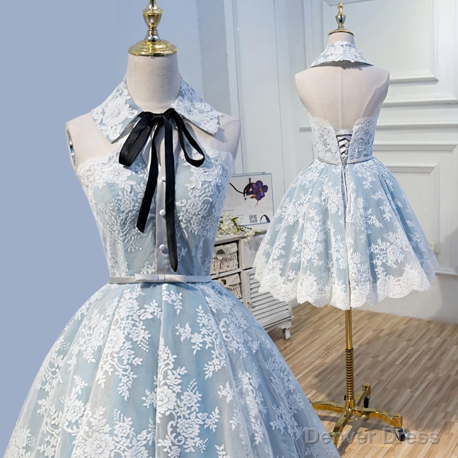 Halter Light Sky Blue Lace Appliques Homecoming Dresses With Lace Up Cocktail Dresses Main image