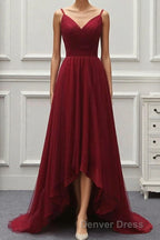 A Line High Low Tulle Prom Dresses with Train, Burgundy V Neck Backless Formal Dresses