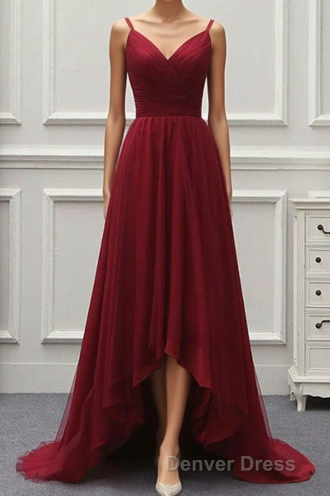 A Line High Low Tulle Prom Dresses with Train, Burgundy V Neck Backless Formal Dresses