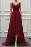 A Line High Low Tulle Prom Dresses with Train, Burgundy V Neck Backless Formal Dresses