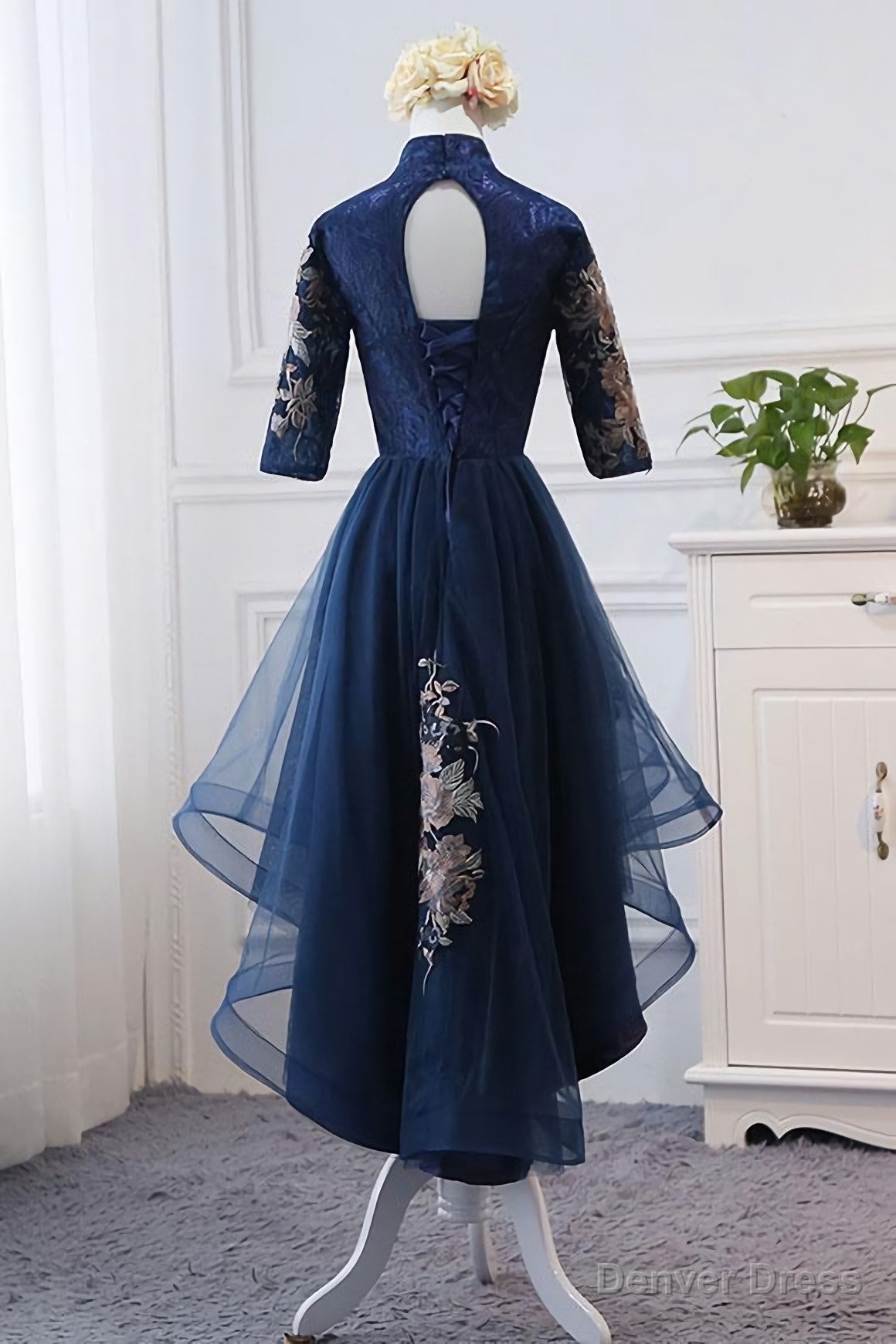 High Neck High Low Dark Navy Half Sleeve Tulle Homecoming Dresses With Appliques H1036 Secondary image