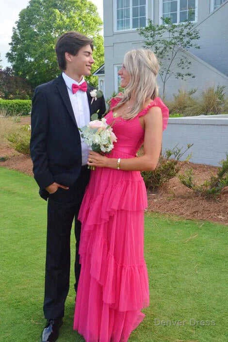 Hot Pink Long Prom Dress A Line Tulle Tiered Pom Dresses Ideas Main image