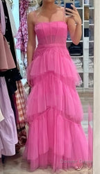 Fashion Hot Pink Layered Ruffles Prom Gowns A Line Tulle Long Prom Dresses
