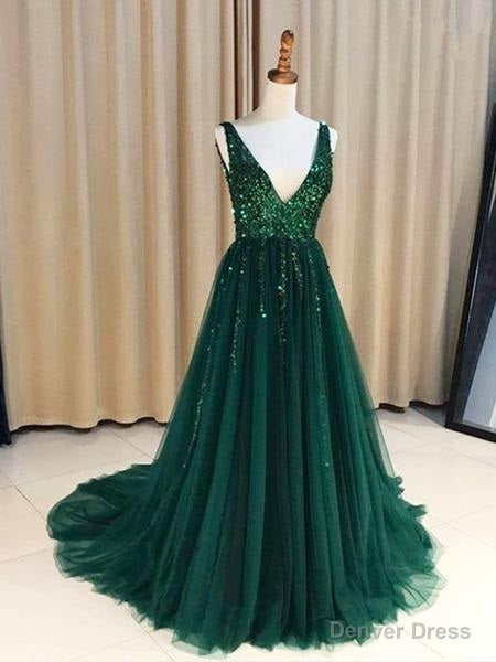 Hunter Green V-neck Long Formal Tulle Low Back Prom Dress