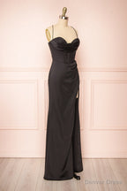 Black Prom Dress, Corset Cowl Neck Maxi Dress, Black Bridesmaid Dresses