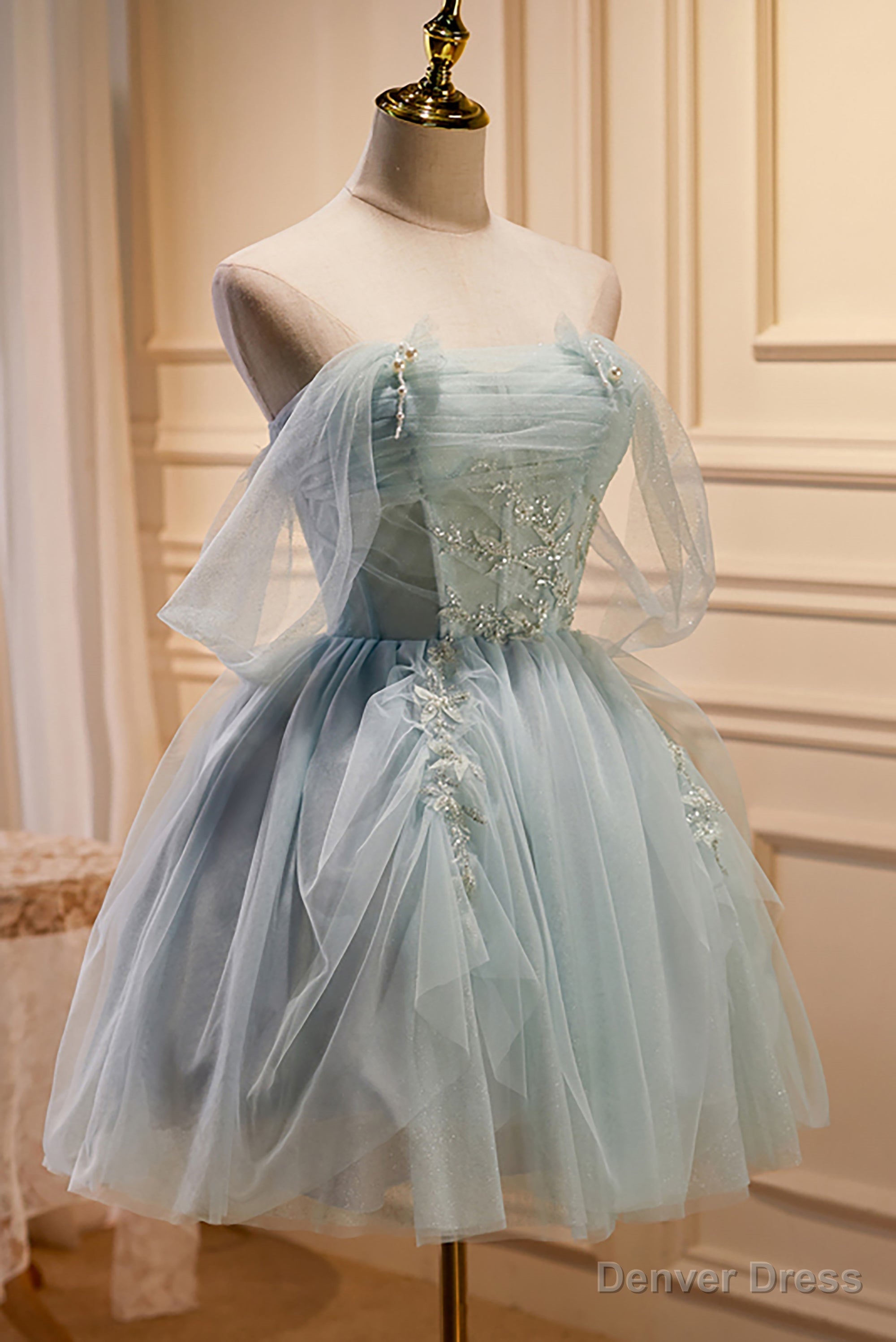 Charming Blue Off The Shoulder A Line Tulle Short Homecoming Dresses Secondary image