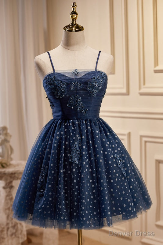 Dark Navy Spaghetti Straps Tulle Short Homecoming Dresses Main image
