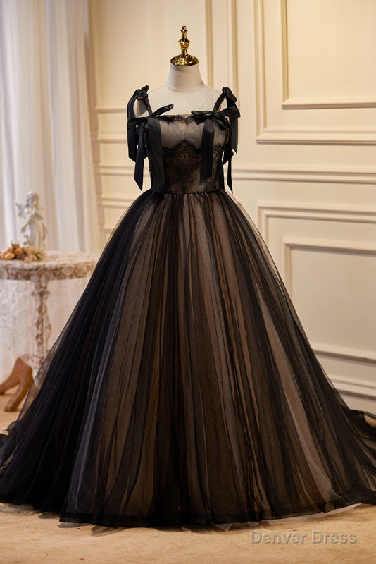 Black Sleeveless Ball Gowns Tulle Long Prom Dresses