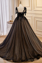 Black Sleeveless Ball Gowns Tulle Long Prom Dresses
