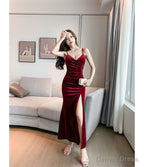 Spaghetti Strap Plain Velvet Side Slit Prom Gowns