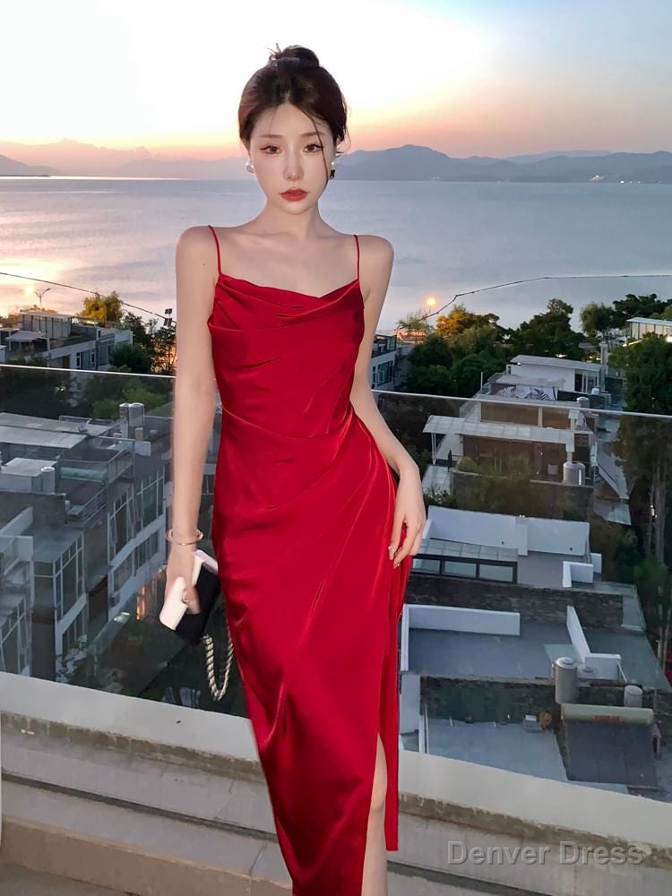 Spaghetti Strap Cowl Neck Plain Satin Slit Midi Sheath Prom Dress Main image