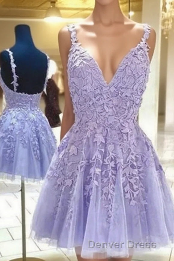 Lilac A Line Spaghetti Straps Homecoming Dresses With Appliques