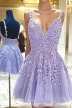 Lilac A-Line Spaghetti Straps Homecoming Dresses With Appliques