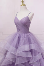 Purple Tulle Long Prom Dress, A-Line Spaghetti Strap Evening Gown