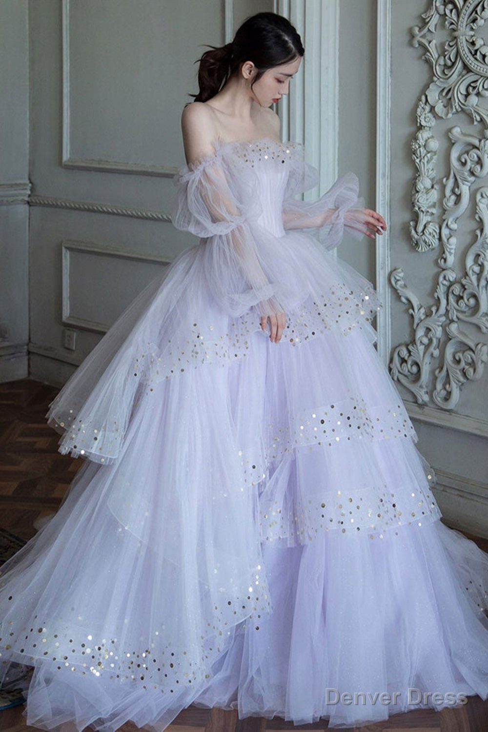 Long Sleeves Layered Light Purple Tulle Long Prom Dresses, Light Purple Formal Evening Dresses, Ball Gown Main image