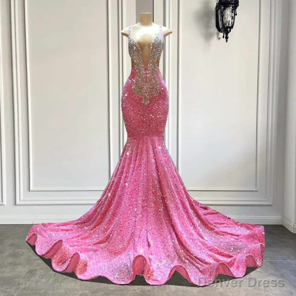 Glamorous Sparkly Sequins Prom Dress, Deep V Neck Sleeveles Stretch Satin Mermaid Prom Dresses Main image