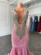 Glamorous Sparkly Sequins Prom Dress, Deep V Neck Sleeveles Stretch Satin Mermaid Prom Dresses