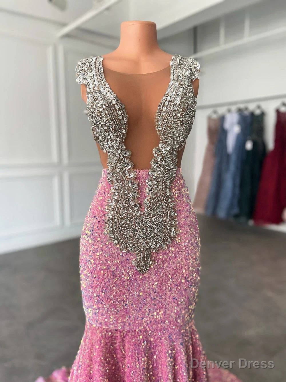 Glamorous Sparkly Sequins Prom Dress, Deep V Neck Sleeveles Stretch Satin Mermaid Prom Dresses