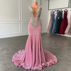 Glamorous Sparkly Sequins Prom Dress, Deep V Neck Sleeveles Stretch Satin Mermaid Prom Dresses