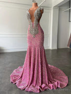 Glamorous Sparkly Sequins Prom Dress, Deep V Neck Sleeveles Stretch Satin Mermaid Prom Dresses