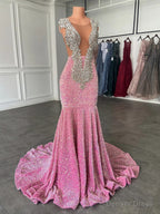 Glamorous Sparkly Sequins Prom Dress, Deep V Neck Sleeveles Stretch Satin Mermaid Prom Dresses