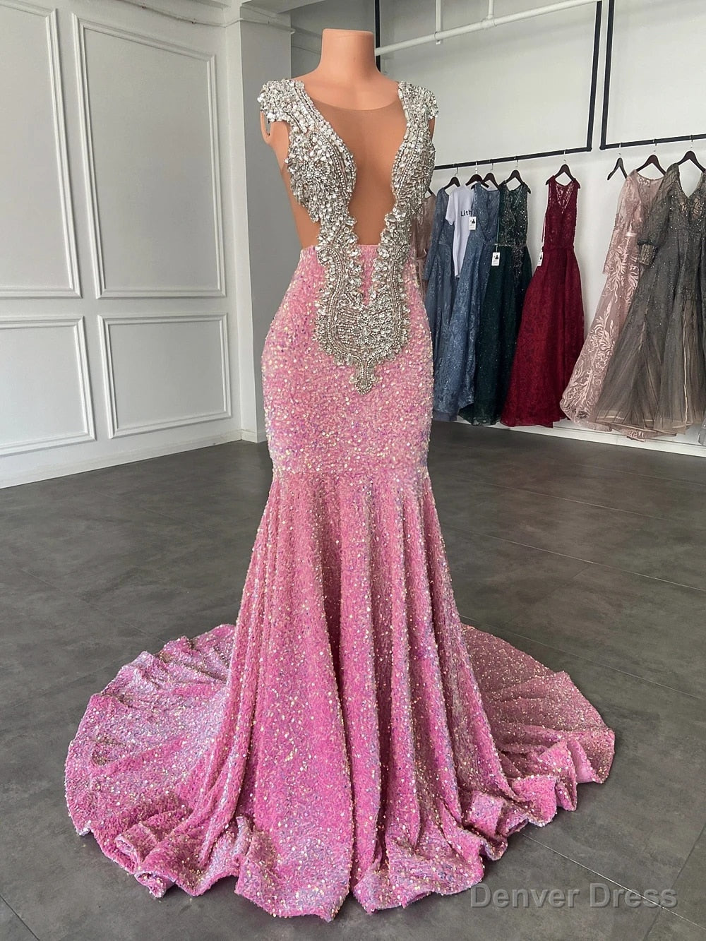Glamorous Sparkly Sequins Prom Dress, Deep V Neck Sleeveles Stretch Satin Mermaid Prom Dresses