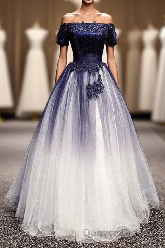 Modest Royal Blue Long Flowy Evening Prom Dresses With Lace Appliques Main image