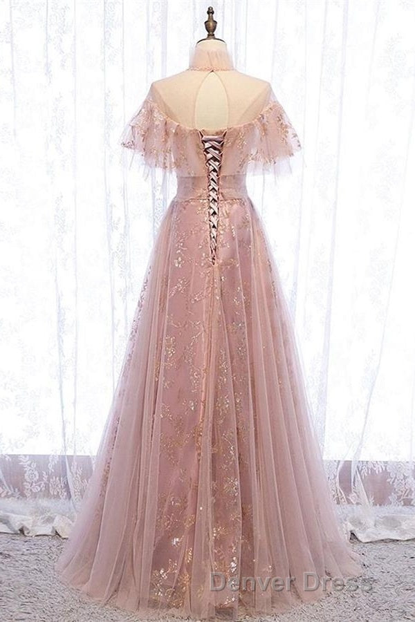 Elegant High Neck Vintage Long Lace Up Prom Dresses Flowy Prom Gown Secondary image