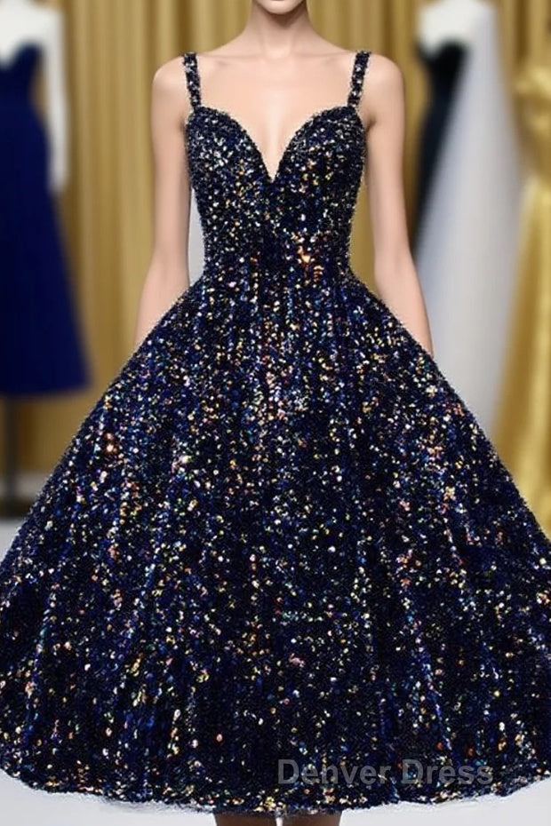 Glitter Spaghetti Straps Cute Short Prom Dress Tight Tea Length Homecoming Dresses Main image