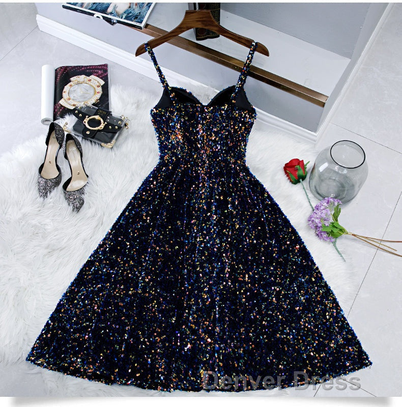 Glitter Spaghetti Straps Cute Short Prom Dress Tight Tea Length Homecoming Dresses