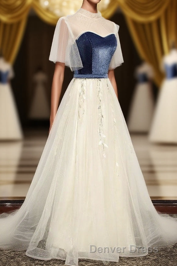 Elegant Ivory And Blue Flowy Princess Prom Dress For Teens Long Homecoming Dresses