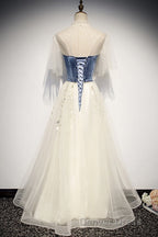Elegant Ivory And Blue Flowy Princess Prom Dress For Teens Long Homecoming Dresses