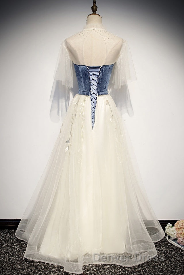 Elegant Ivory And Blue Flowy Princess Prom Dress For Teens Long Homecoming Dresses