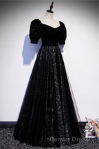 Modest Sparkly Black Long A Line Prom Dresses With Sleeves Prom Gown