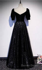 Modest Sparkly Black Long A Line Prom Dresses With Sleeves Prom Gown