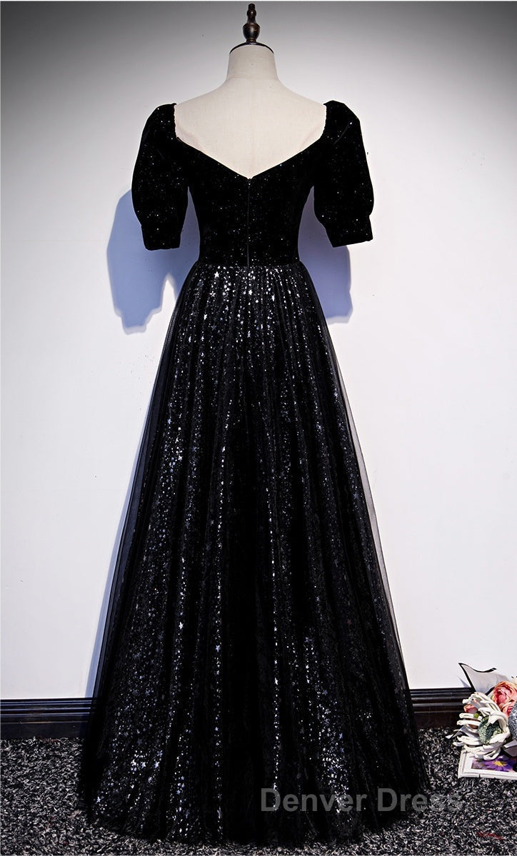 Modest Sparkly Black Long A Line Prom Dresses With Sleeves Prom Gown