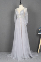 Amazing Long Gray Beading Prom Dresses Modest Prom Gown