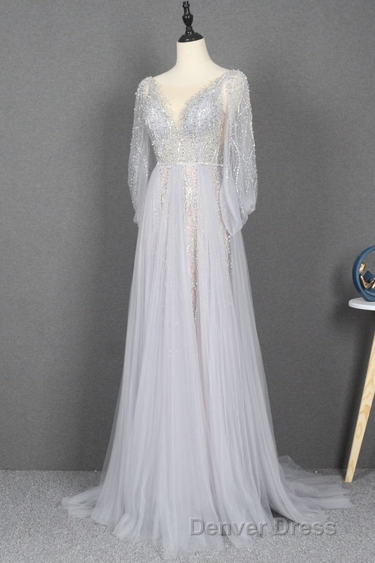 Amazing Long Gray Beading Prom Dresses Modest Prom Gown