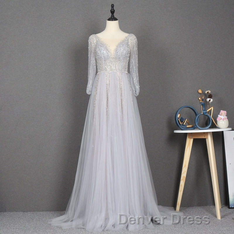 Amazing Long Gray Beading Prom Dresses Modest Prom Gown